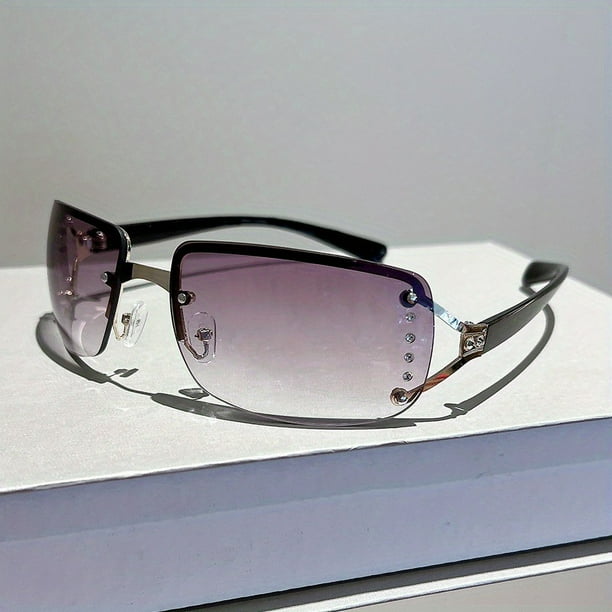 Y2K Rimless Sunglasses For Women Men Gradient Lens Glasses Futuristic Rhinestone Decor Eyewear For Driving Beach, UV 400