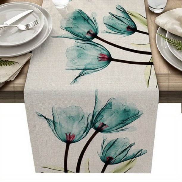 1pc Blue Floral Long Table Runner 13x72 Inches, Kitchen Dinner Retro Tulip Flower Dining Table Runners, Long Dresser Scarf, Farmhouse Burlap Holiday Table Runner For Coffee/Dining/Party/Wedding