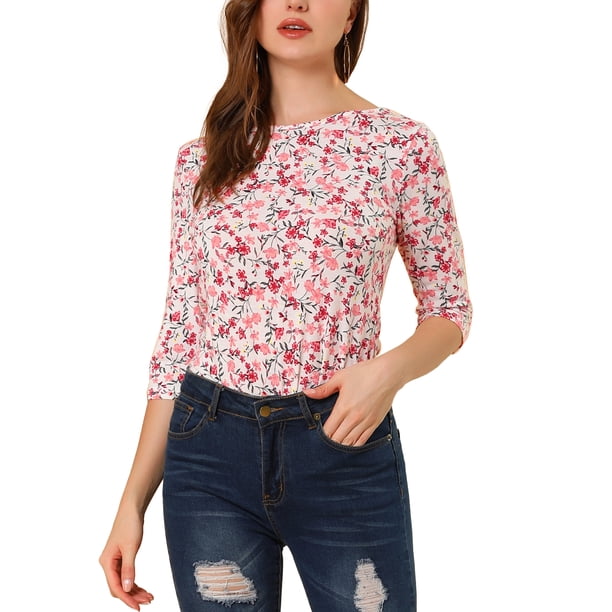 INSPIRE CHIC Camiseta Básica de Mujer con Mangas al Codo Cuello Redondo Ajustada Regreso a Clases Casual Estampada Camiseta Blanca-Floral M
