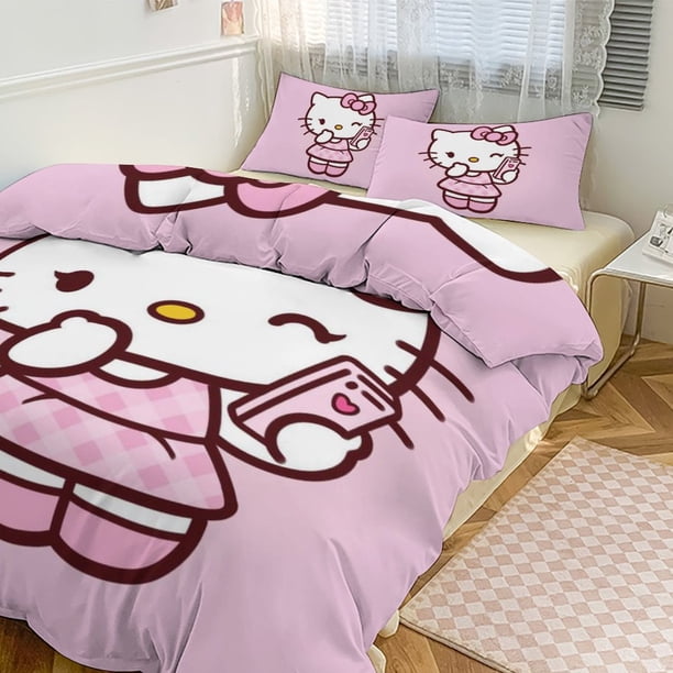Cartoon Hello Kitty Comforter Telephone 3-Piece Bed Sheets Warm Kawaii Bedding Set Cute Soft Bedclothes for Boys Girls Kids Twin