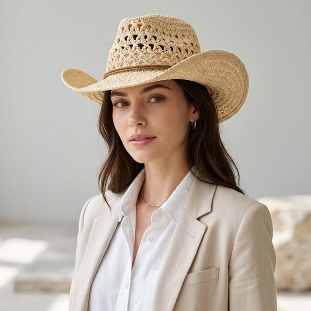 Sombrero Vaquero Tejido Estilo Cowboy Playa, Festival, Moda crema Talla Única