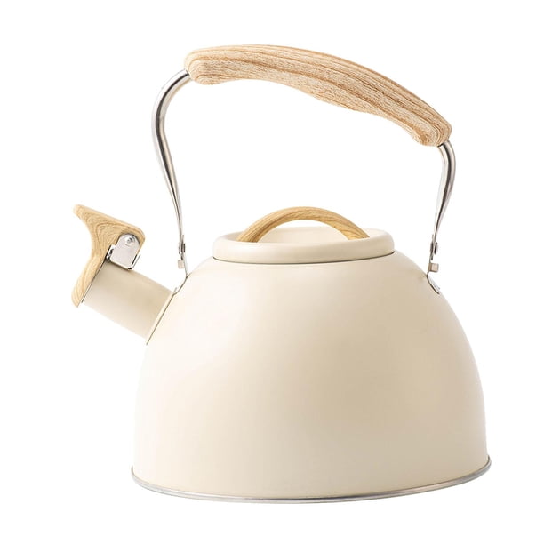 Tetera de Acero Inoxidable con Diseño Resistente Capacidad de 3L Silbato Audible y Mango Ergonómico Adecuada para Camping Senderismo Pesca Viajes y Beige