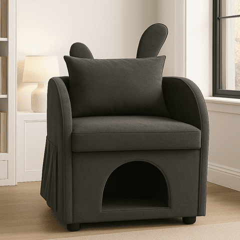 M&Ms - Dark Gray Bunny-Ear Pet-Friendly Armchair With Scratch-Resistant Fabric, Built-In Cat & Dog Hideaway, Dual-Use Sofa Chair With Side Pocket, 27.4 X 25.2 X 37.4 Inch
