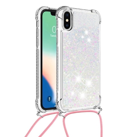 Funda Foxdock Para Iphone X/Xs Con Cuerda Ajustable, Brillo Líquido, Protección Antigolpes Y Lente – Ideal Para Regalo