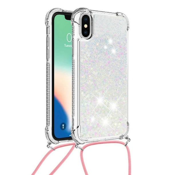 Funda FOXDOCK para iPhone X/Xs con Cuerda Ajustable, Brillo Líquido, Protección Antigolpes y Lente – Ideal para Regalo