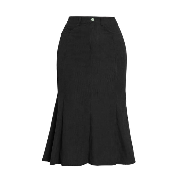 Falda larga de trabajo de mujer casual de pana de cintura alta ajustada con cola de pez para otoño e invierno XL negro
