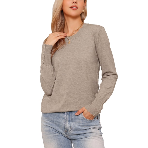Suéteres ligeros para mujeres Cuello redondo Manga larga Dobladillo ondulado Conjunto casual de otoño 2025 Suéter suave XL Camel