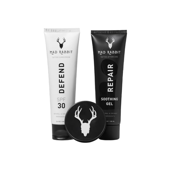Kit de cuidado de tatuajes Mad Rabbit Repair, gel calmante, bálsamo y protector solar