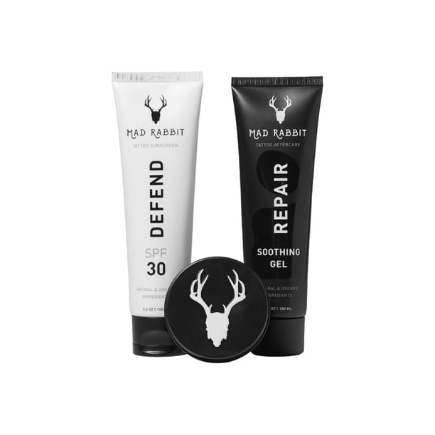 Kit de cuidado de tatuajes Mad Rabbit Repair, gel calmante, bálsamo y protector solar