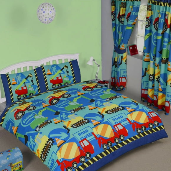 Juego De Cama Infantil Camión De Construcción Azul Funda Nórdica Edredón Completo