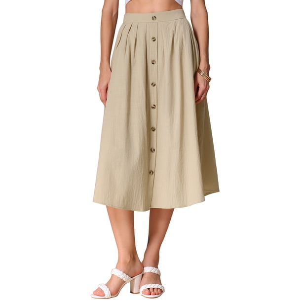 INSPIRE CHIC Falda Midi de Algodón para Mujer Verano Casual con Botones Decorativos, Cintura Elástica, Falda Línea A con Bolsillo XS Caqui