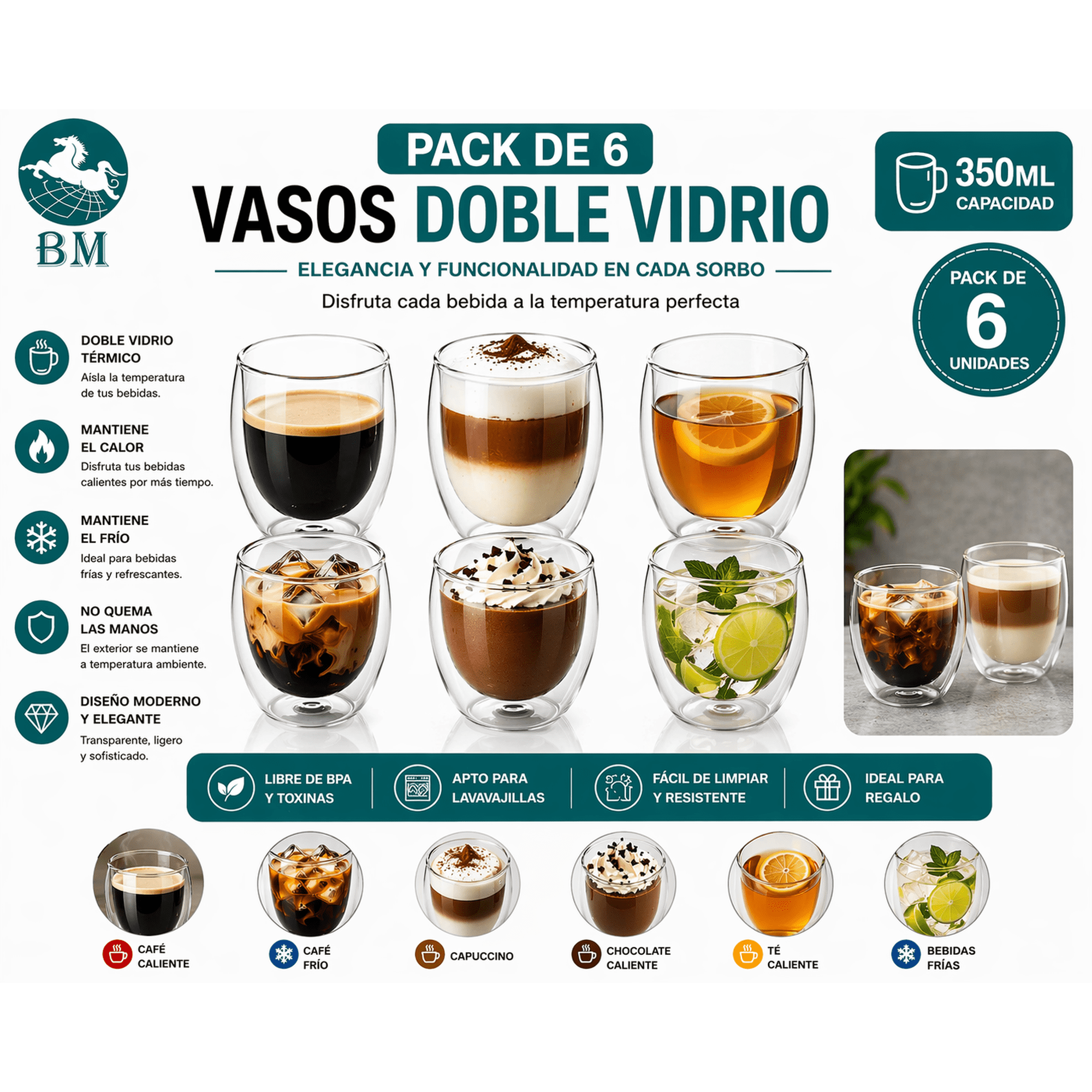 Baima - Pack 6 Vasos Doble Vidrio 350ml | Térmicos Frío Y Caliente