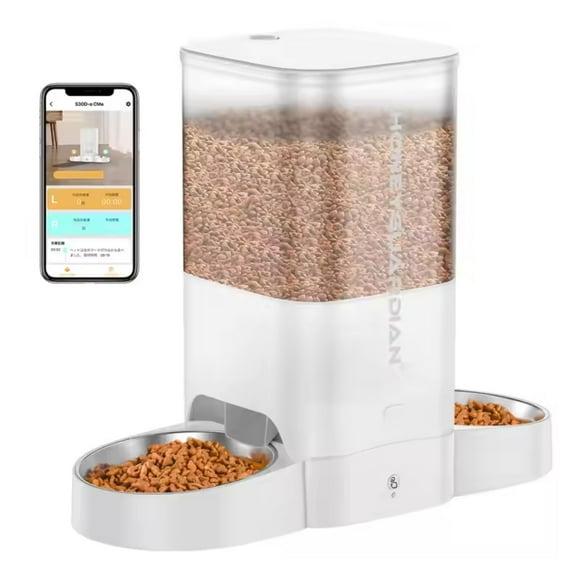 Dispensador Automático Comida Gato Wifi Doble Plato 5L Blanco