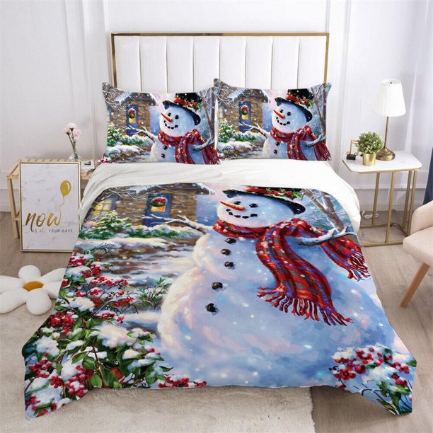 Christmas Gifts Xmas Snow Snowman Santa Claus Quilt Duvet Cover Set Double3-Piece Bedding Set