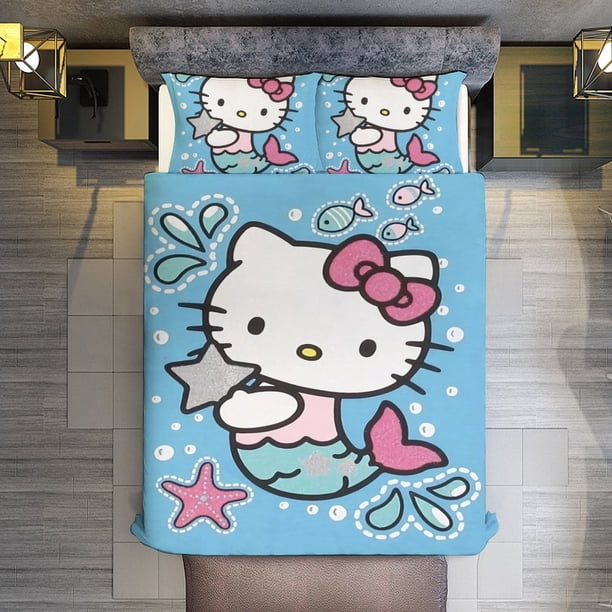 Mermaid Hello Kitty Comforter Twin SizeComforter Set for Kids Girls3Pcs Bedding Set Printed Comforter with 2 PillowcasesDown AlternativeSoft and Lightweight Bed Sheets