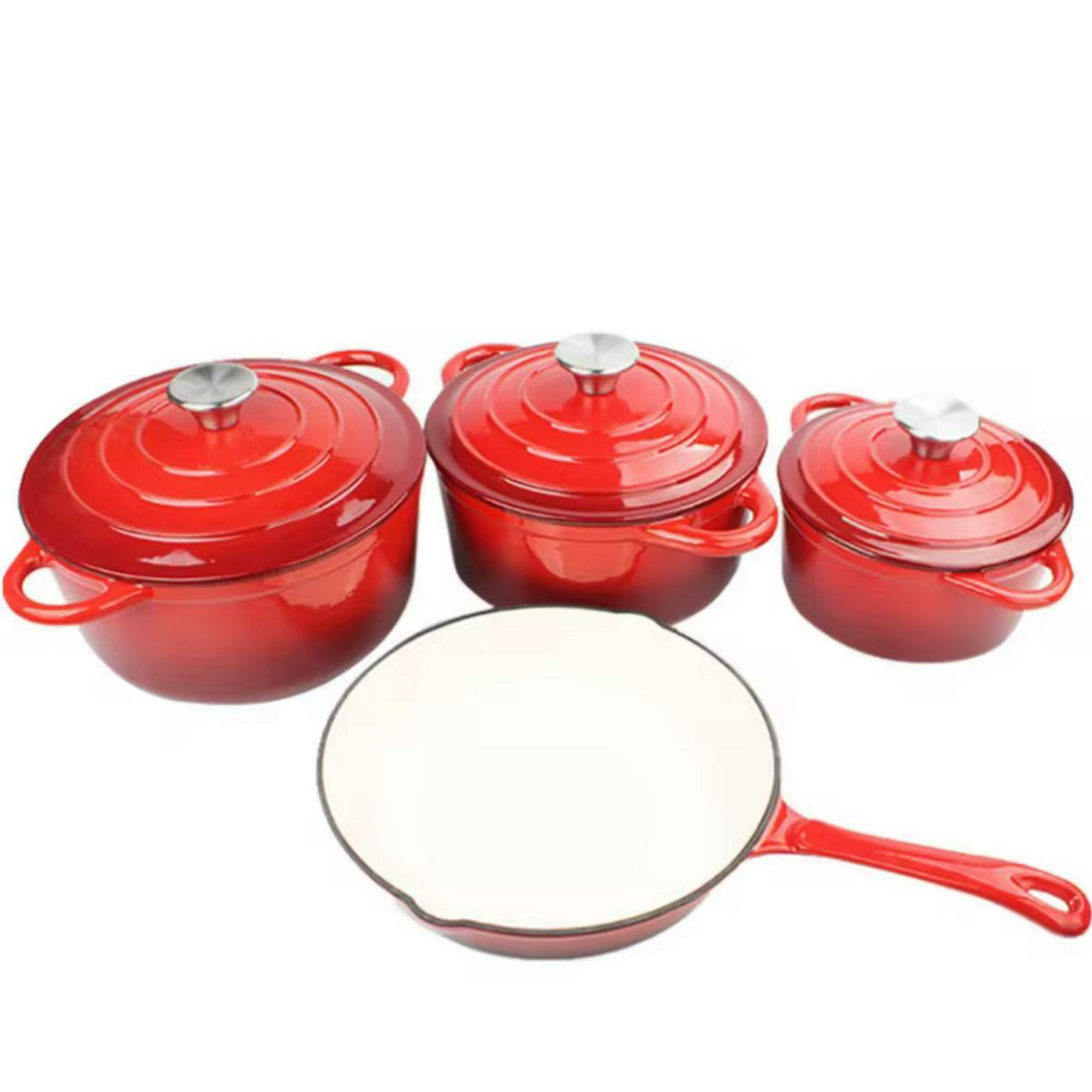 Soloferta - Juego De Ollas Y Sartén De Hierro Fundido Esmaltado Antiadherente Rojo