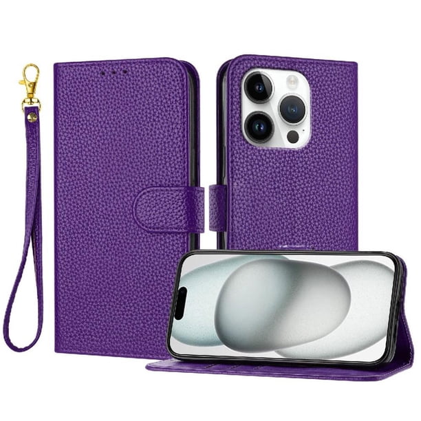 Funda Cartera para iPhone 16 Pro Max Tarjetero Soporte Magnético y Correa Morado
