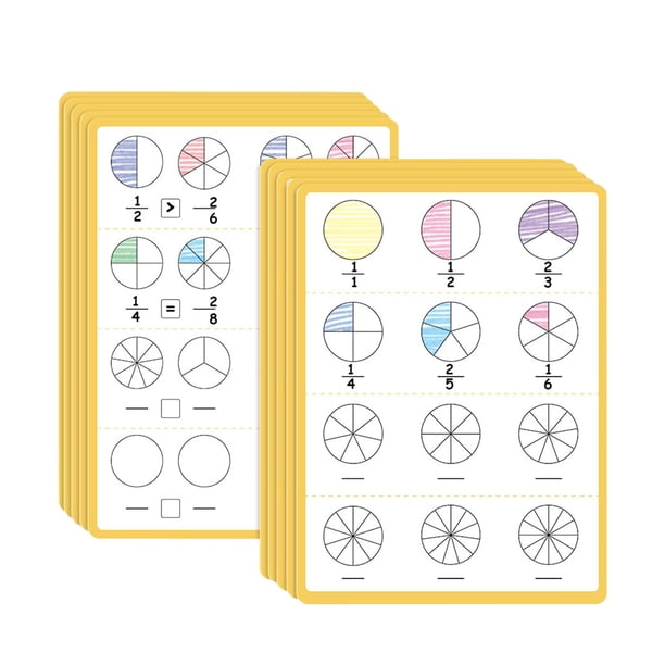 Hojas de borrado en seco de fracciones, 10 hojas, material didáctico interactivo, materiales manipulativos de fracciones reutilizables para niños de 4