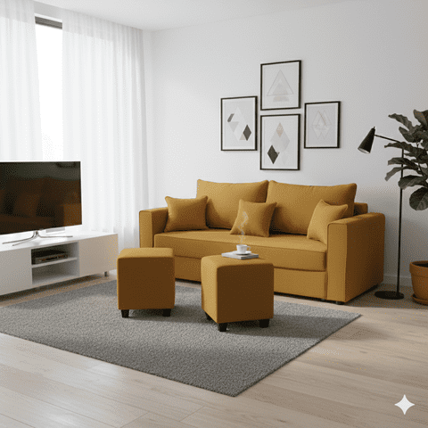 Construcsofá - Living Aurelia 3 Cuerpos + 2 Pouf Tela Mostaza