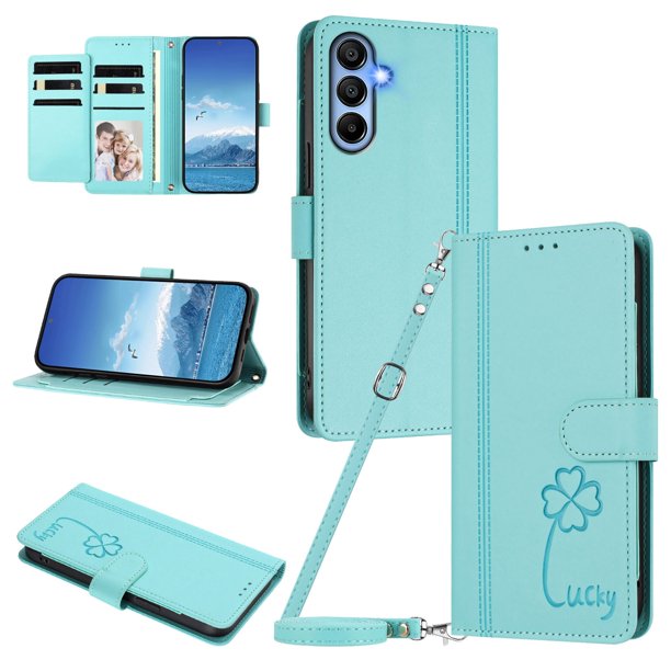 Funda Cartera Trébol para Samsung Galaxy A15 con Ranuras Tarjetas y Carga Inalámbrica Verde menta