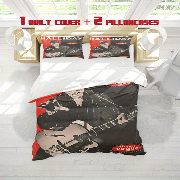 3pcs Johnny Halliday Guitar Print Bedding Set Soft Cover and 2 Pillowcases Ideal for All Seasons