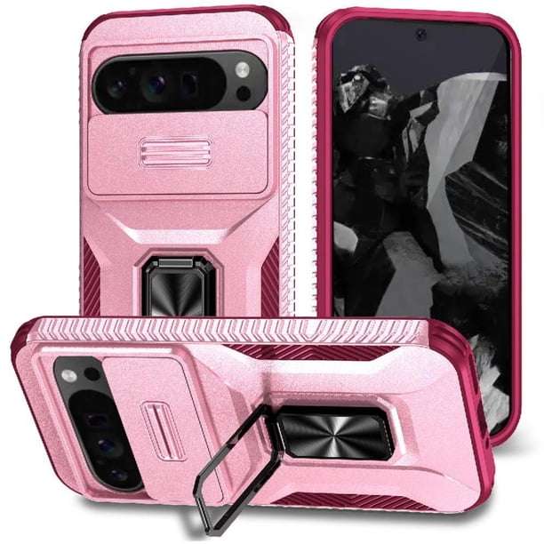 Funda Armada para Google Pixel 9 Pro XL con Tapa Deslizante y Soporte Magnético Giratorio Rosa