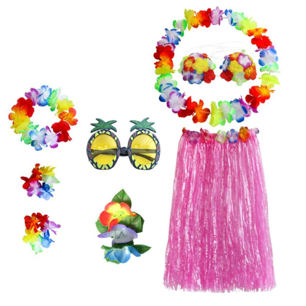 Conjunto De Disfraz De Falda De Hierba Para Fiesta De Baile Divertido Hawaiano Rosa 60Cm