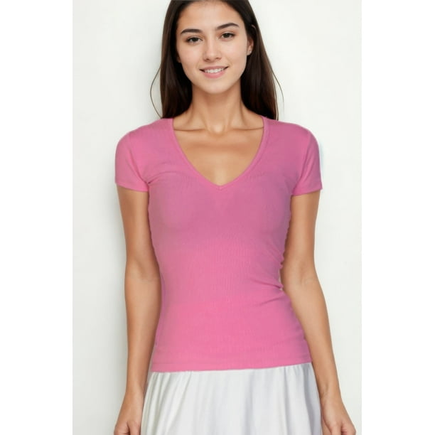Top De Manga Corta Con Cuello En V Acanalado