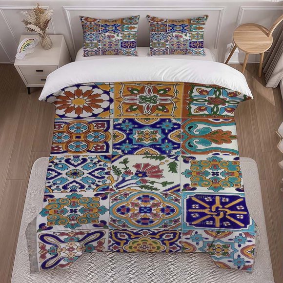Decorative Tile Printed Duvet Cover Set Themed Bedding Three-Piece Set