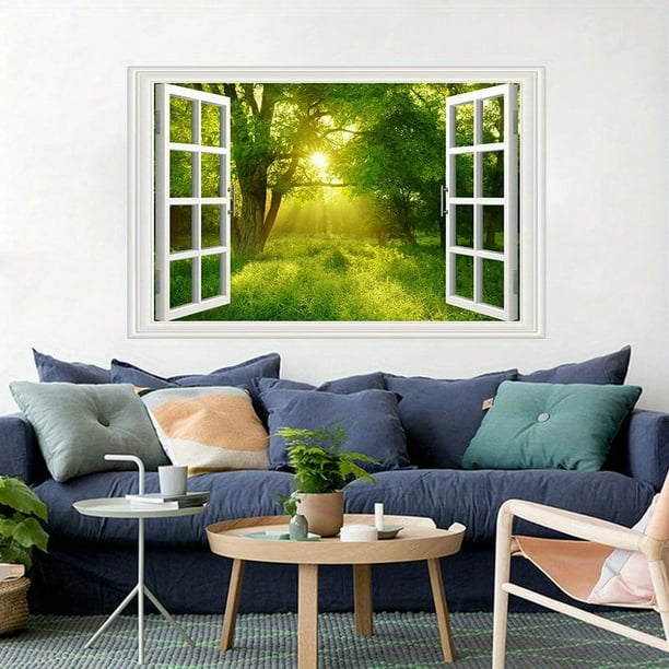 1pc, Forest Fake Windows Wall Sticker Removable 3D Nature Landscape Faux Windows Wall Sticker Vinyl Self-Adhesive Maple Trees Wall Mural Stickers For Bedroom Living Room Decoration