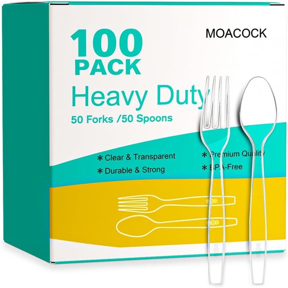 MOACOCK 100 Count Exact Heavy Weight Plastic Forks and Spoon