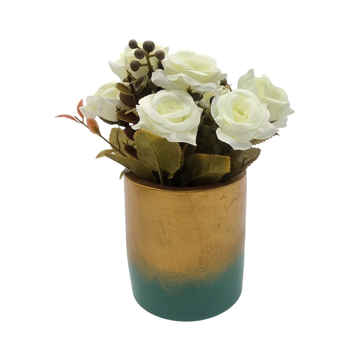 Fliperex - Planta Artificial Macetero Dorado Con Rosas Decorativas Blanco