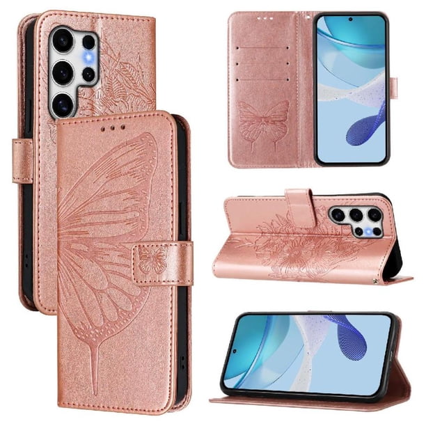 Funda cartera mariposa para Samsung Galaxy S25 Ultra con soporte y ranuras para tarjetas Oro rosa