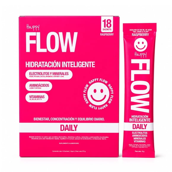 Pack Hidratación Inteligente Happy Flow Daily Sabor Frambuesa 18 Unidades
