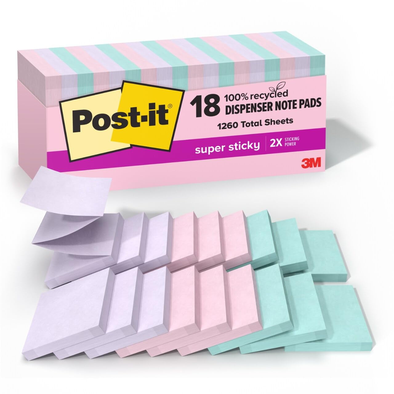 Sticky Notes Post-it, Papel 100% Reciclado, Superadhesivo, 18 Unidades