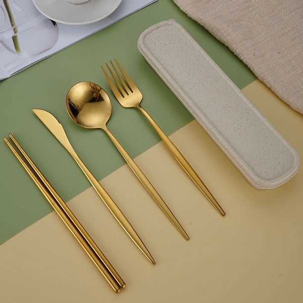 5pcs/set, Cutlery, Coffee Spoon, Salad Fork, Steak Knife, Milk Spoon, Salad Fork, Meal Knife, Portable Chopsticks, Washable Dessert Spoon, Stainless Steel Flatware With Storage Box, Tableware For Rest