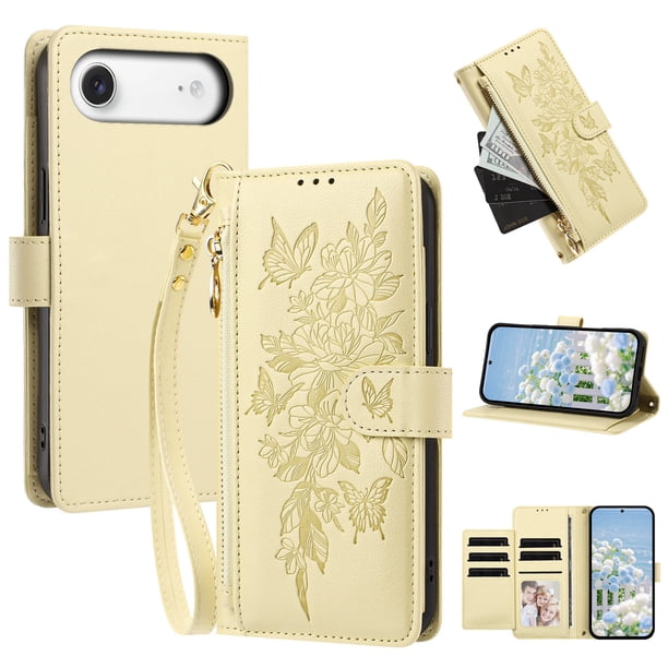 Funda Billetera Floral en Relieve iphone17 air con Tarjetero y Cremallera Blanco