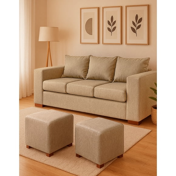 Sofá Cedric 3 cuerpos + 2 Pouf Beige