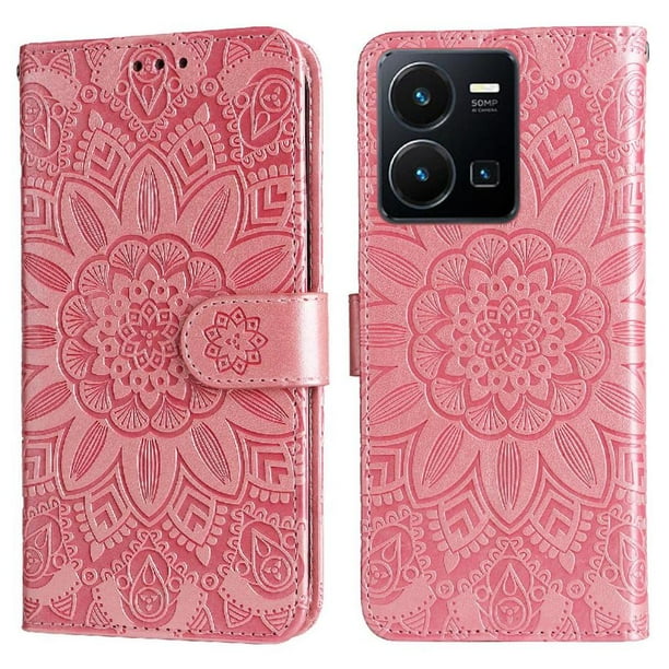 Funda tipo cartera FOXDOCK para Vivo Y22s/Y22 , diseño girasol en relieve, cuero PU, cierre magnético, soporte y tarjetero