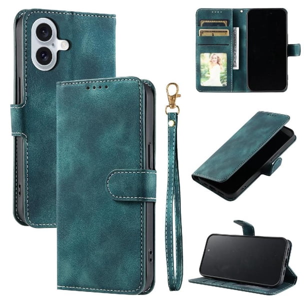 Funda Cartera para iPhone 17 Tapa con Ranuras, Soporte y Correa Verde