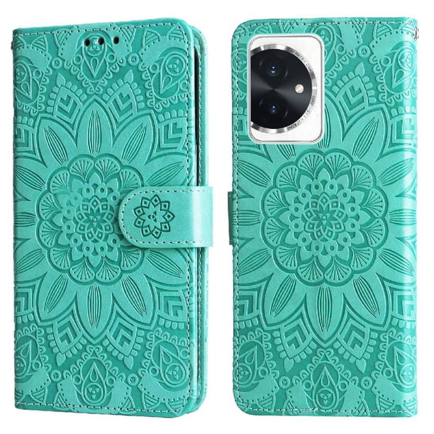 Funda tipo cartera FOXDOCK para Honor 100 , diseño girasol en relieve, cuero PU, cierre magnético, soporte y tarjetero