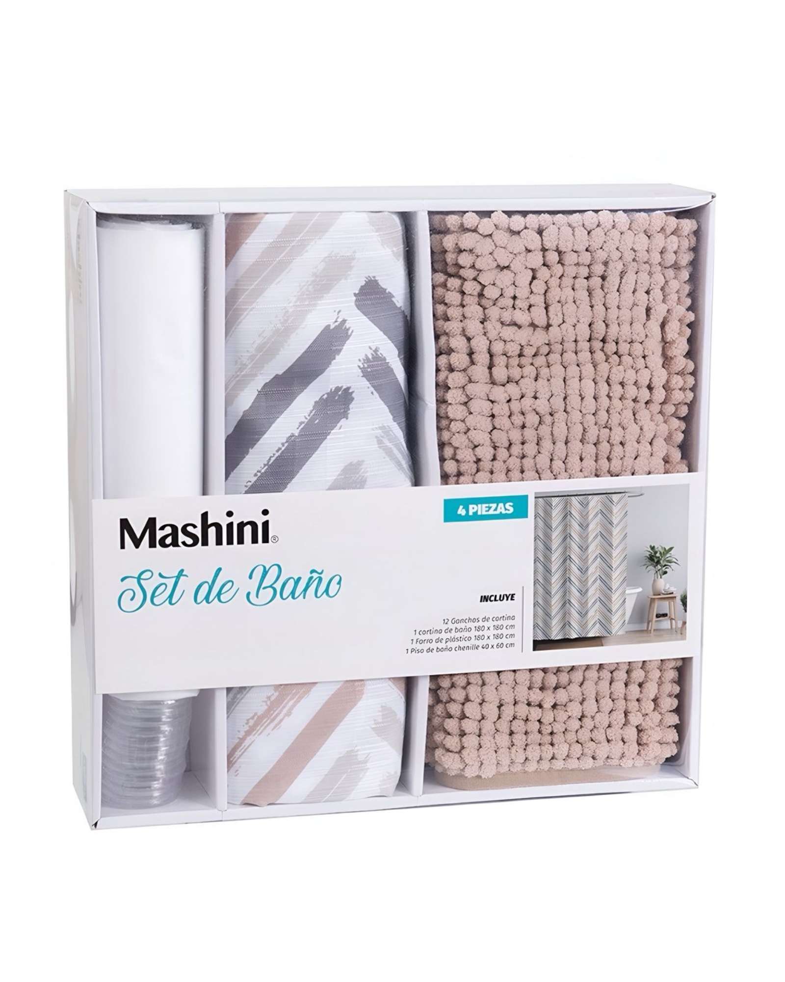 Set De Baño En Caja 4 Piezas Cortina Con Alfombra Mashini