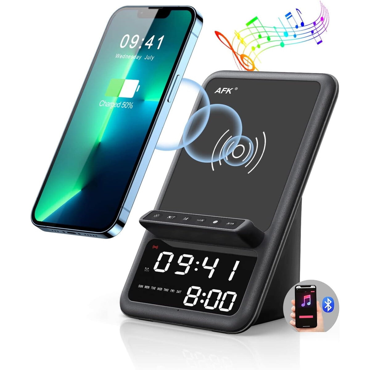 Afk - Estación De Carga Inalámbrica Bt512012 Con Bocina Bluetooth Y Reloj Despertador