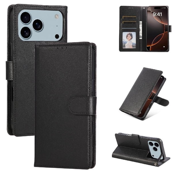 Funda Cartera para iPhone 17 Pro Max con Tarjetero, Soporte y Cordón - Protección Negro