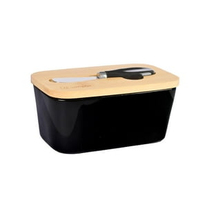 Mantequillero Cerámica Tapa Bamboo + Cuchillo 600 Ml Simplit Negro