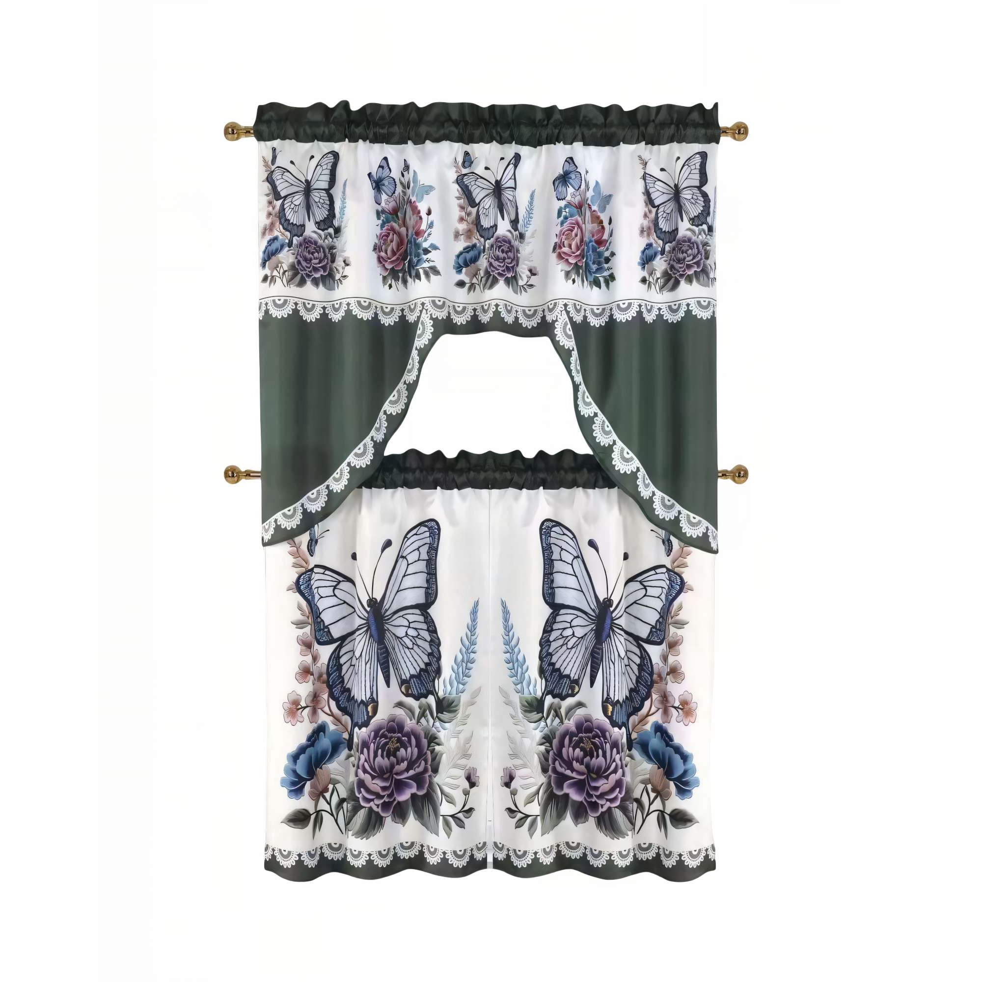 Genérico - Pack De Cortina 3 Piezas Para Cocina Con Diseño Color Blanco Con Verde