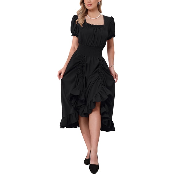 INSPIRAR CHIC Vestido Victoriano para Mujeres Traje Renacentista Vestido Midi con Cintura Fruncida y Volantes S Negro