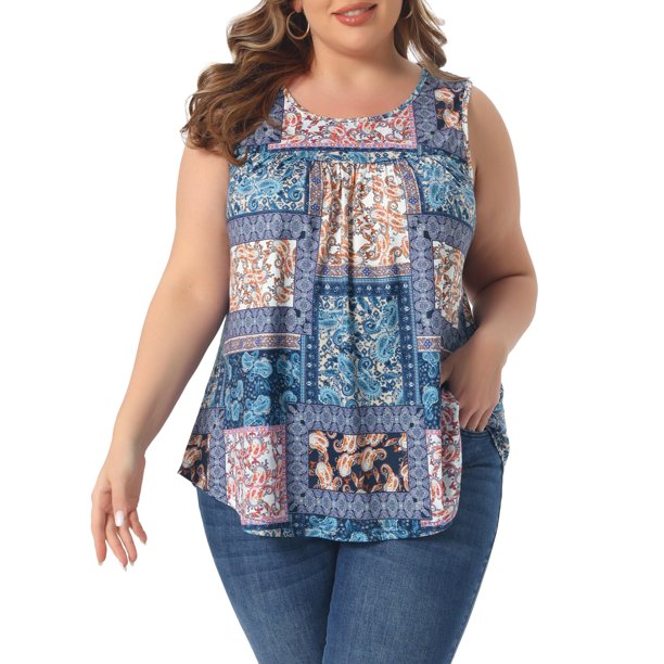 Agnes Orinda Women's Plus Size Boho Tank Tops Sin Mangas con Cuello Redondo Plisado Dobladillo Curvado Casual de Playa Camiseta Flowy 4X Azul Marino