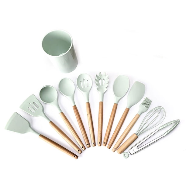 Utensilios de cocina de silicona, 12 piezas, sartén antiadherente, utensilios de cocina, espátula con mango de madera, cuchara sopera, raspador, traje