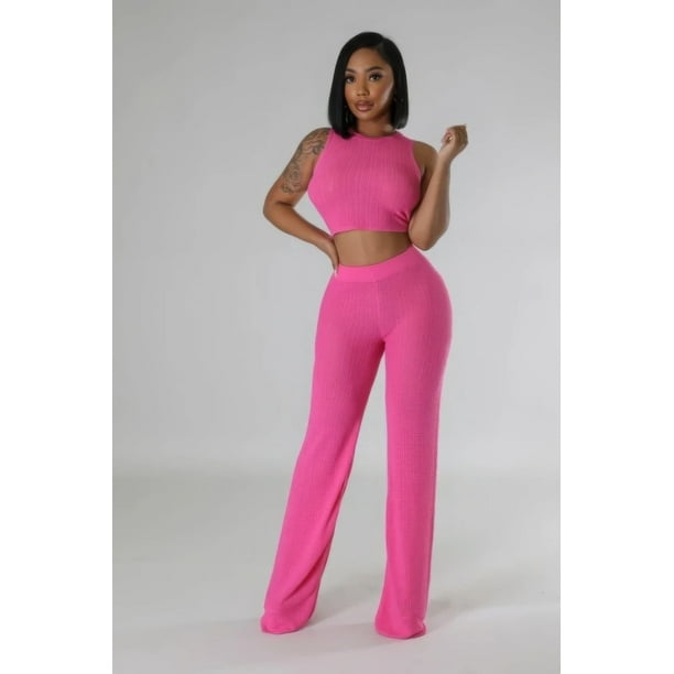 Conjunto De 2 Piezas De Top Corto Sin Mangas Con Cuello Redondo Y Pantalón De Cintura Alta Con Cinturilla Elástica Color Fucsia (para Mujer)